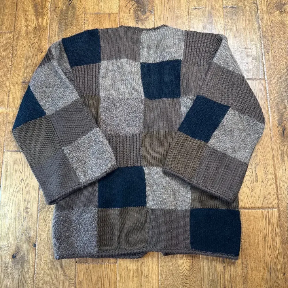 Vintage Knit Wool Blend Brown Color Block Cardigan Sweater Sz L Wide Sleeve - Picture 5 of 6